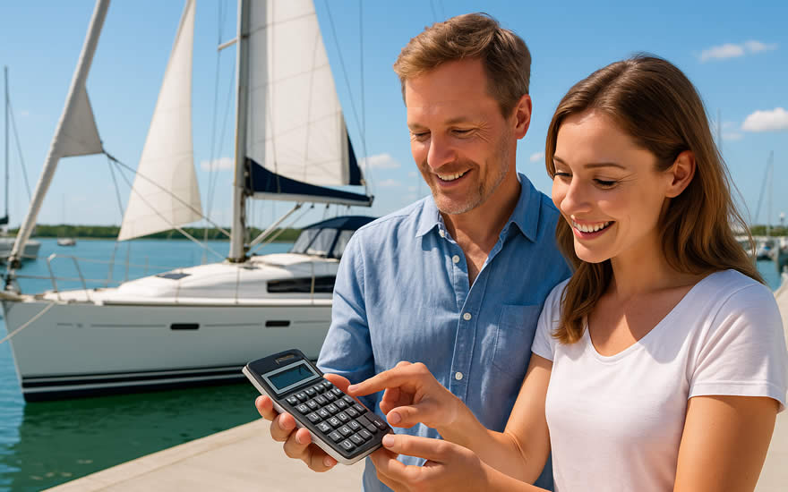 Paar berechnet Finanzierung der Yacht online