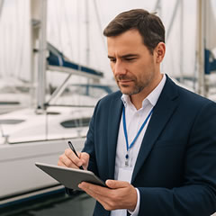 Yachtbroker am Tablet